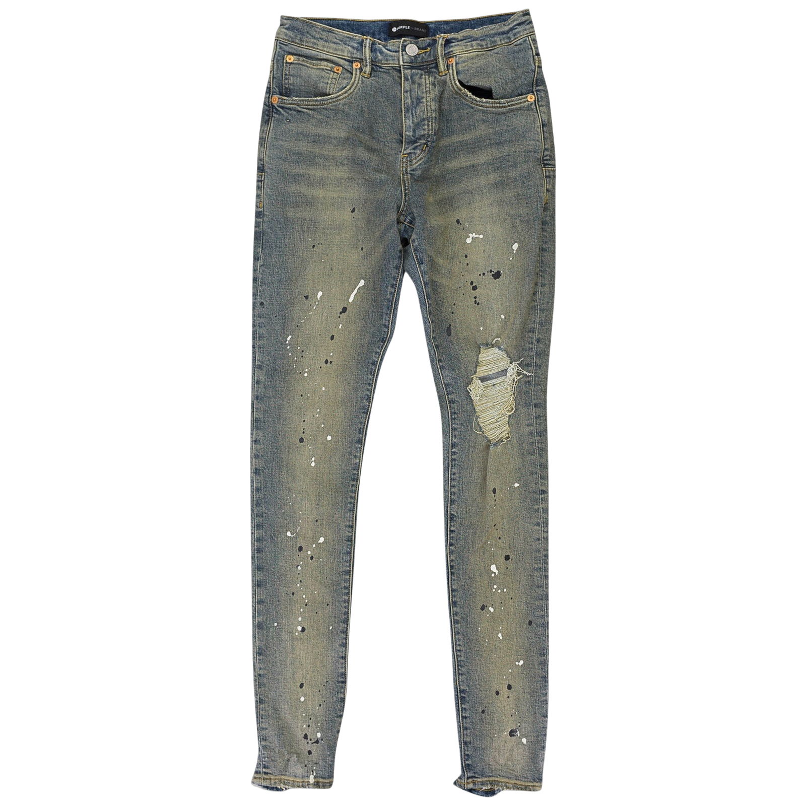 MID INDIGO TAPERED LEG DESTROY PAINT SKINNY JEANS