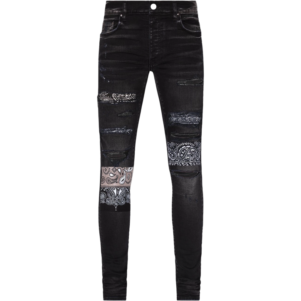 AMIRI BLACK BANDANA ART PATCH SKINNY JEANS
