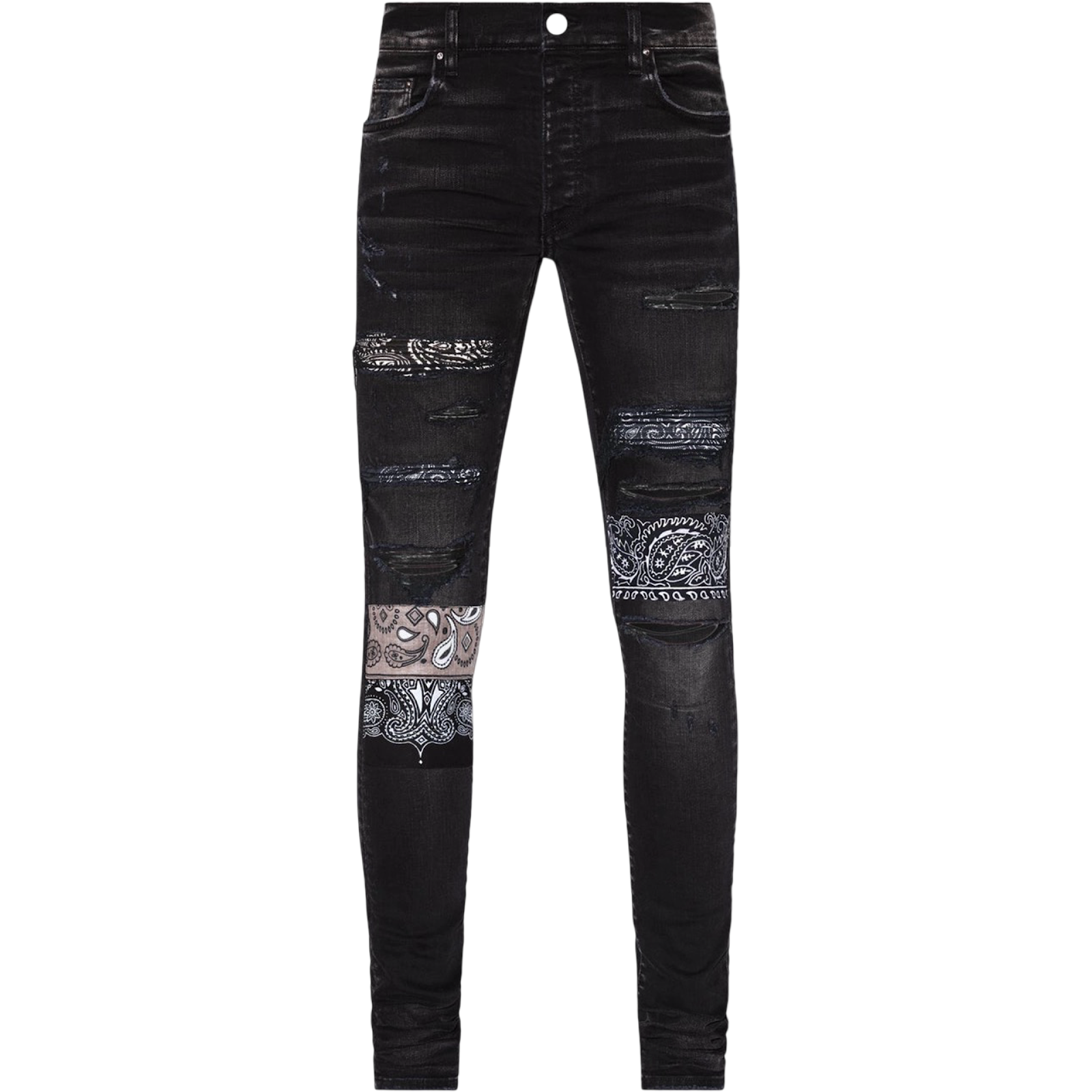 AMIRI BLACK BANDANA ART PATCH SKINNY JEANS