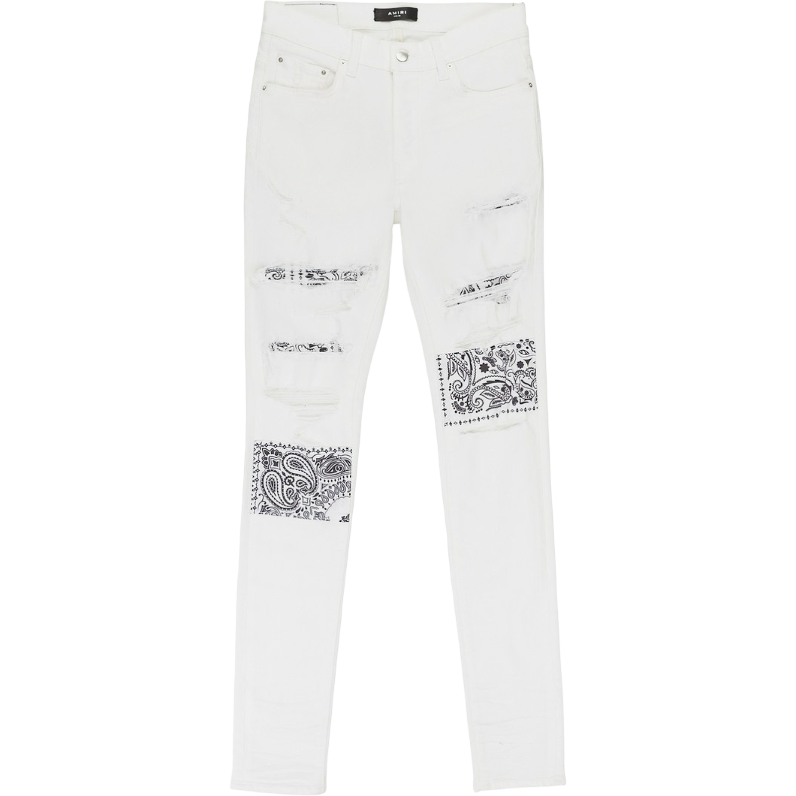 AMIRI WHITE BANDANA ART PATCH SKINNY JEANS