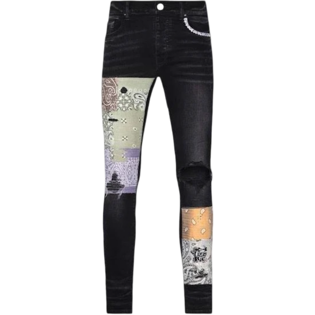 AMIRI BLACK BANDANA PATCH SKINNY JEANS