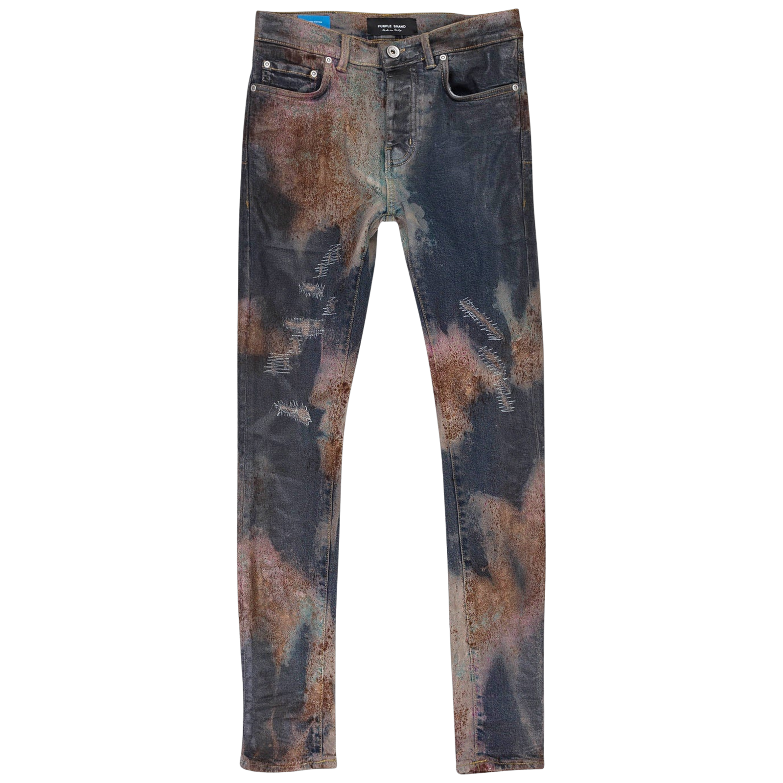 MULTICOLOR SPRAY OVER BLEACHED INDIGO SKINNY JEANS